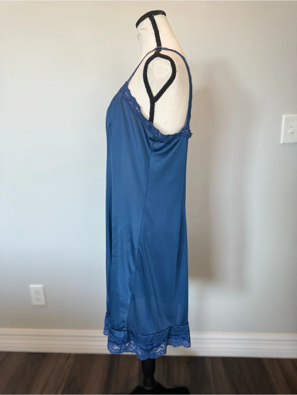 Vintage Sheer Elegance Blue Lace Trim Full Slip Nightgown USA Made Lingerie